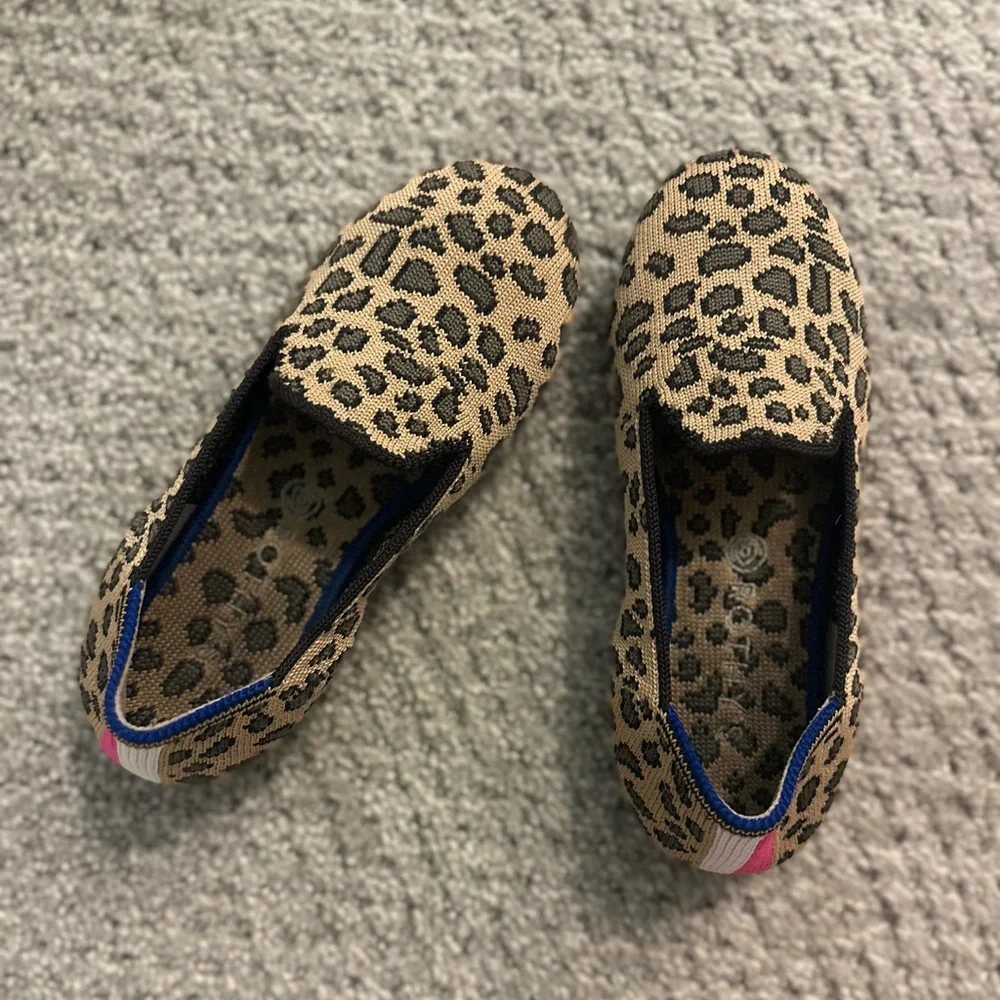 Rothy's Kids Leopard Print loafers with Pink & Blue Accents